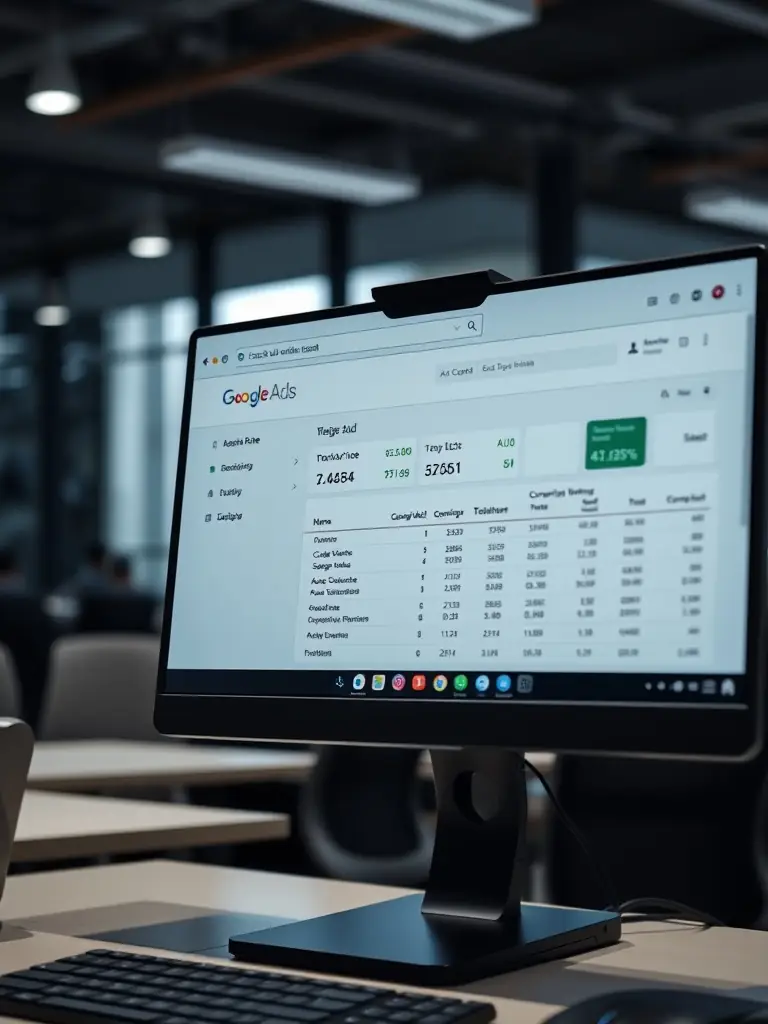 A professional photo of a Google Ads dashboard showing successful campaign metrics, highlighting high conversion rates and low cost-per-click for a client.