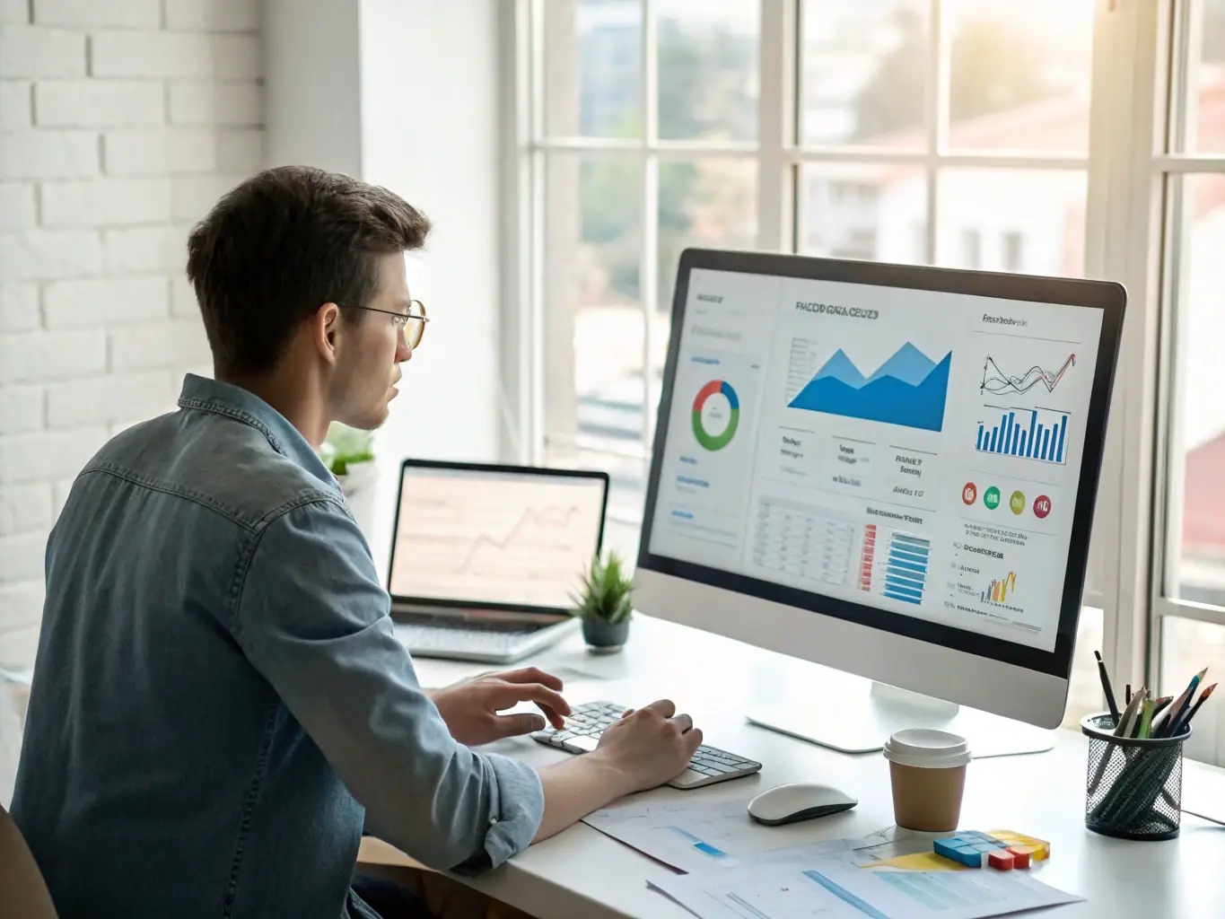 A professional digital marketing expert analyzing Google Ads campaign performance metrics on a computer screen, showcasing data-driven insights and optimization strategies.
